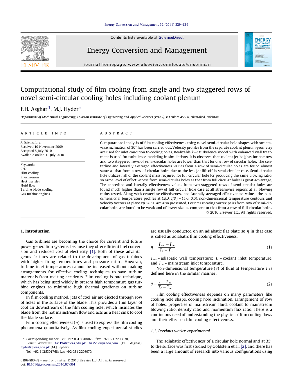 Computational study of film cooling from single and two staggered rows of novel semi-circular cooling holes including coolant plenum