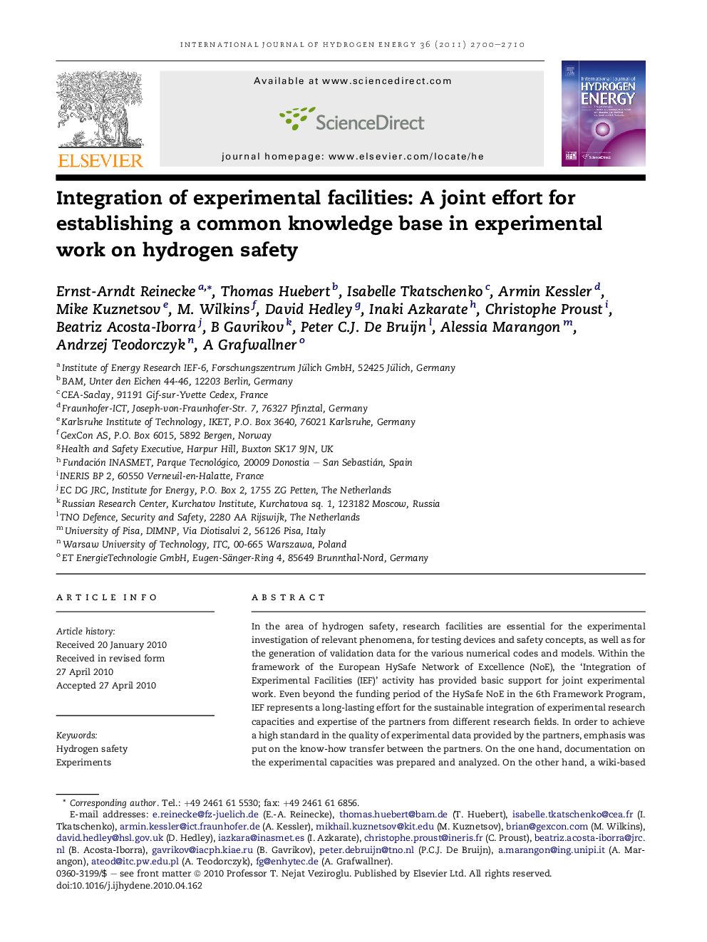 Integration of experimental facilities: A joint effort for establishing a common knowledge base in experimental work on hydrogen safety