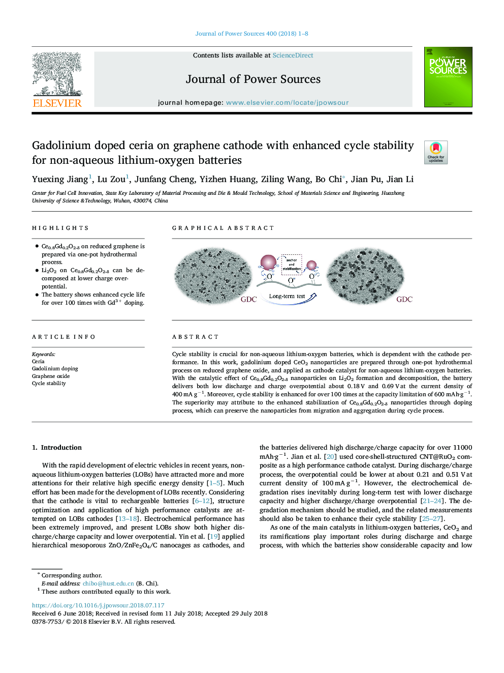 Gadolinium doped ceria on graphene cathode with enhanced cycle stability for non-aqueous lithium-oxygen batteries