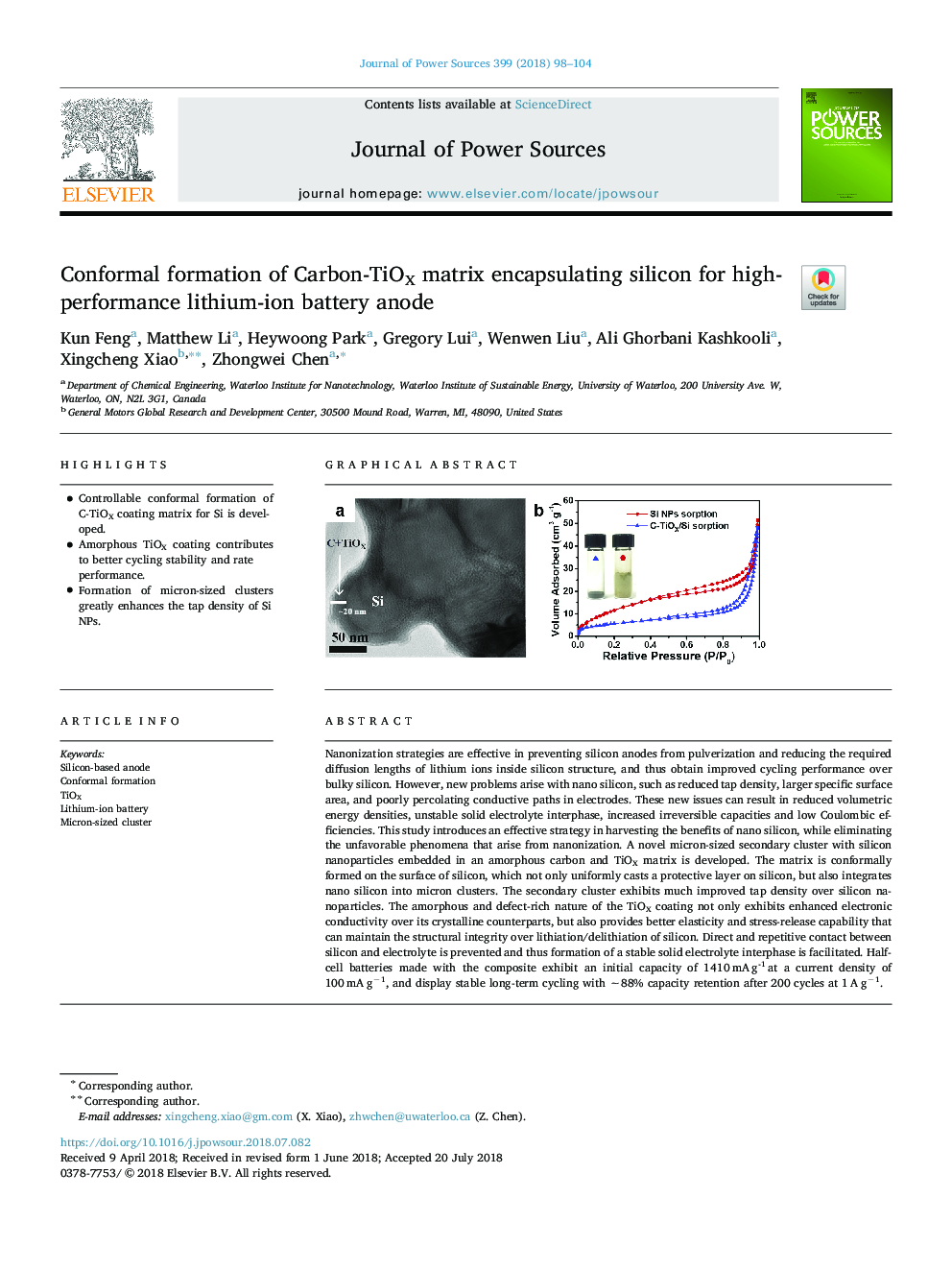 Conformal formation of Carbon-TiOX matrix encapsulating silicon for high-performance lithium-ion battery anode