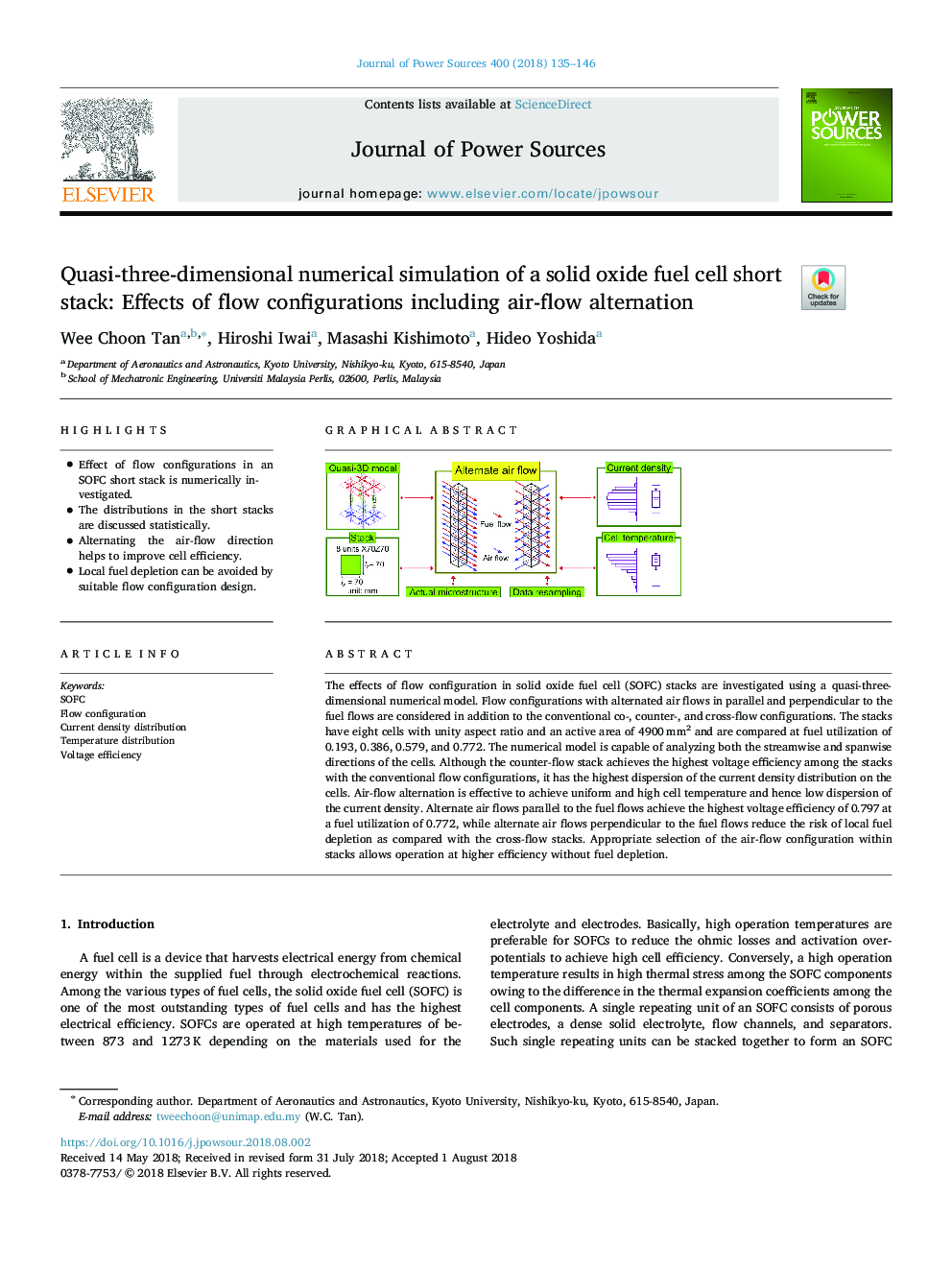 Quasi-three-dimensional numerical simulation of a solid oxide fuel cell short stack: Effects of flow configurations including air-flow alternation