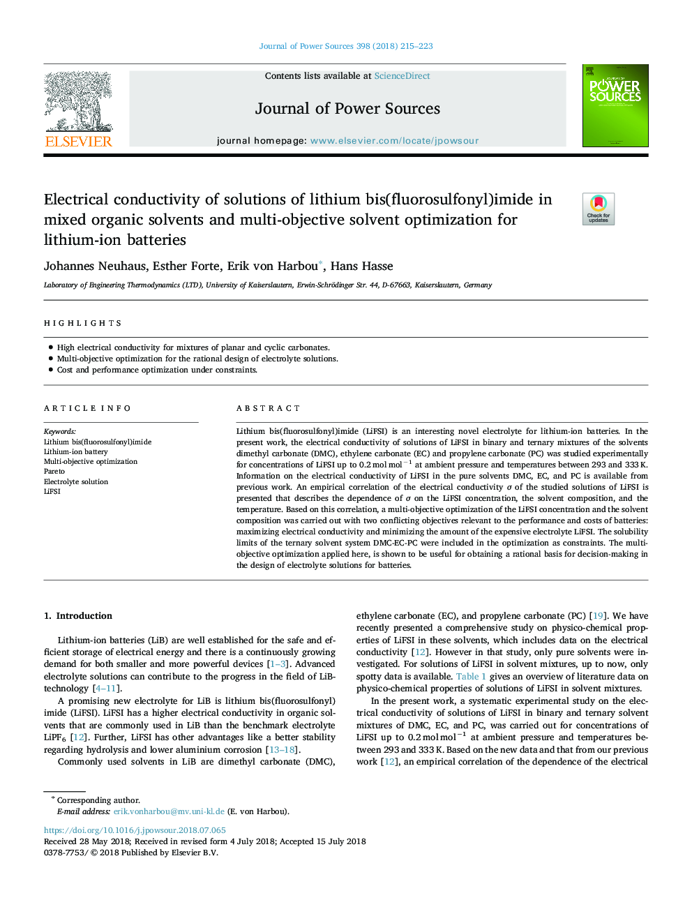 Electrical conductivity of solutions of lithium bis(fluorosulfonyl)imide in mixed organic solvents and multi-objective solvent optimization for lithium-ion batteries