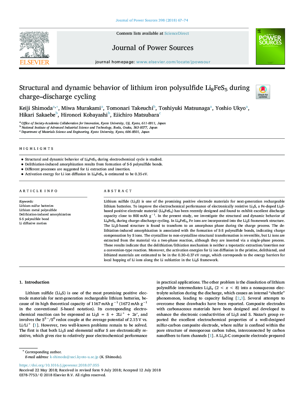 Structural and dynamic behavior of lithium iron polysulfide Li8FeS5 during charge-discharge cycling