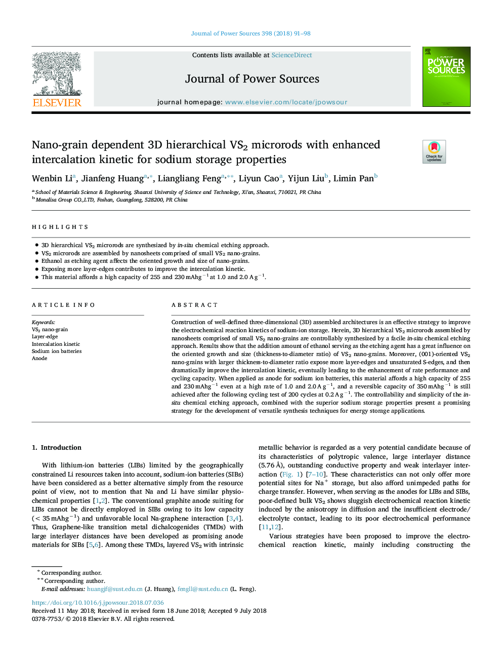 Nano-grain dependent 3D hierarchical VS2 microrods with enhanced intercalation kinetic for sodium storage properties