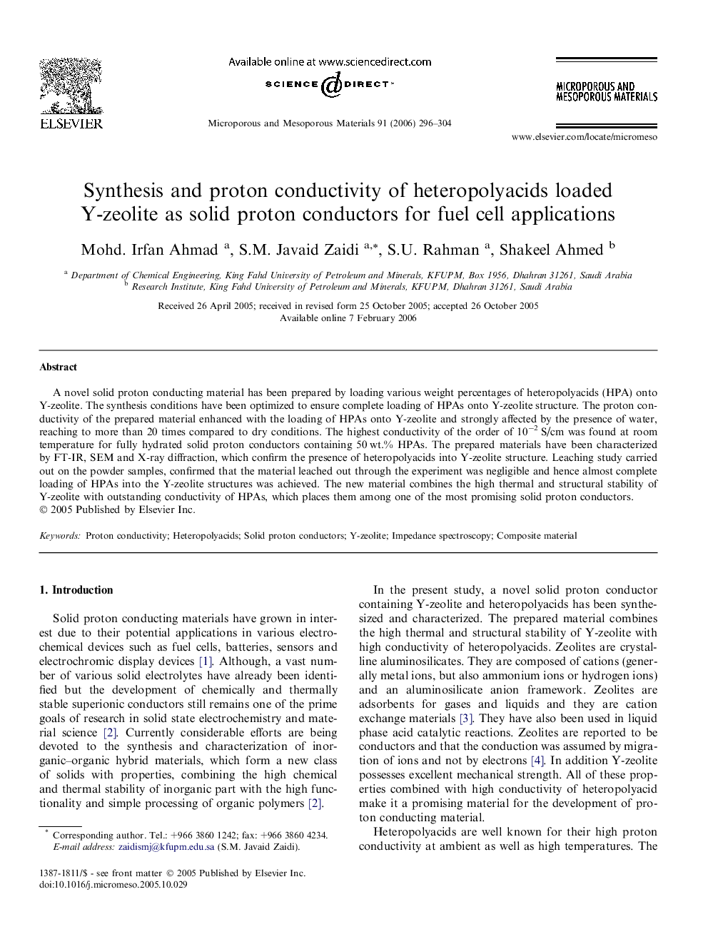 عکس صفحه اول مقاله: Synthesis and proton conductivity of heteropolyacids loaded Y-zeolite as solid proton conductors for fuel cell applications Synthesis and proton conductivity of heteropolyacids loaded Y-zeolite as solid proton conductors for fuel cell applications