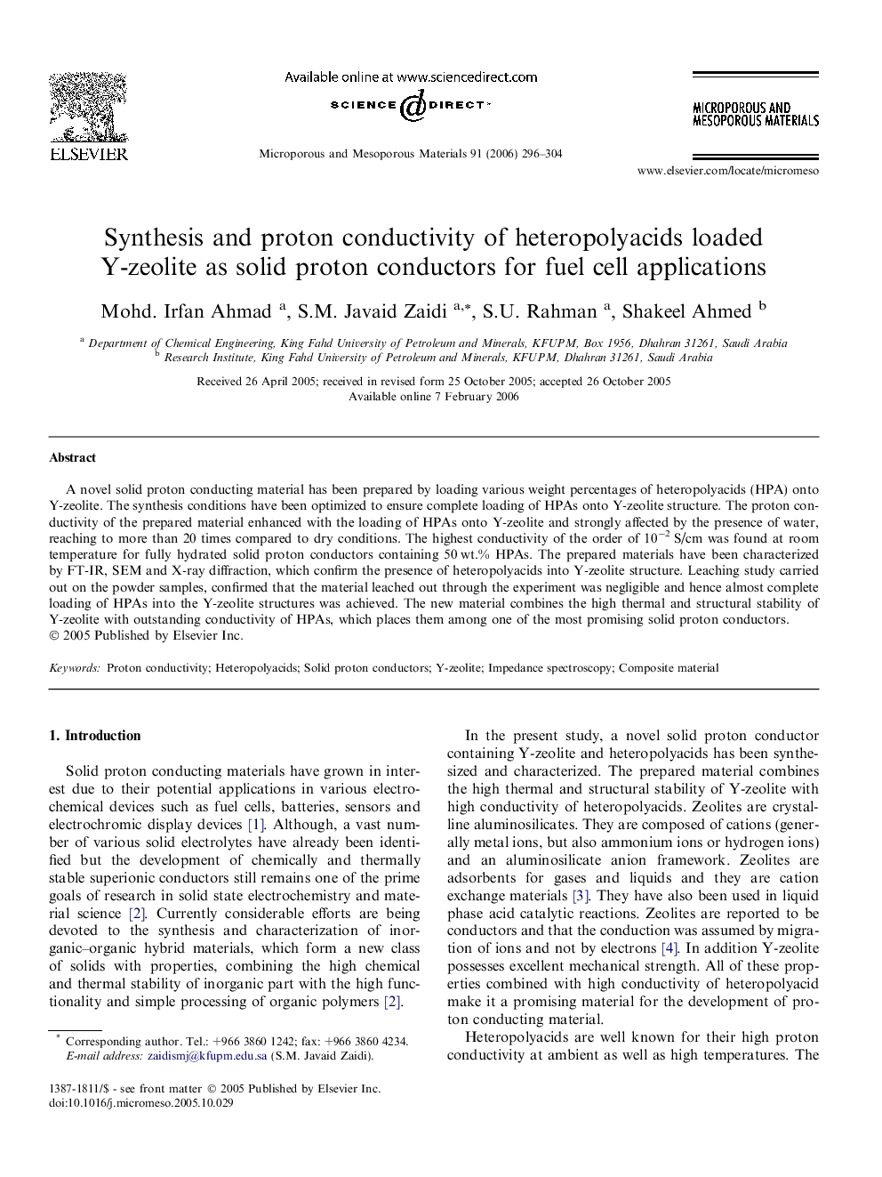 Synthesis and proton conductivity of heteropolyacids loaded Y-zeolite as solid proton conductors for fuel cell applications