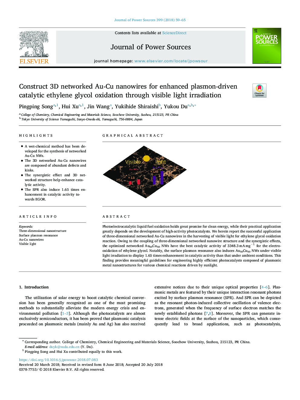 Construct 3D networked Au-Cu nanowires for enhanced plasmon-driven catalytic ethylene glycol oxidation through visible light irradiation