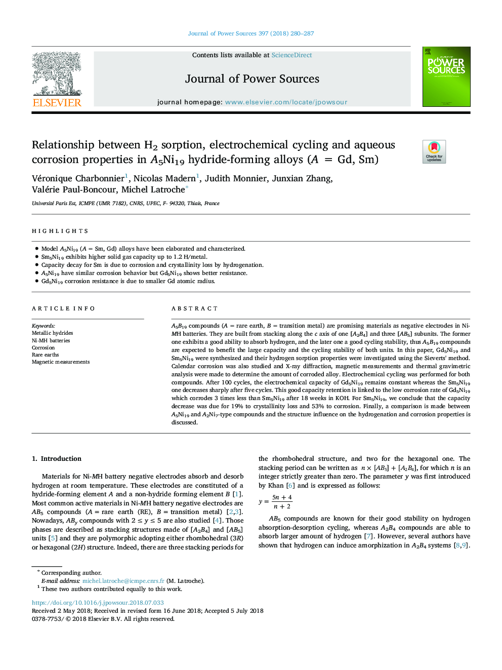 Relationship between H2 sorption, electrochemical cycling and aqueous corrosion properties in A5Ni19 hydride-forming alloys (A = Gd, Sm)