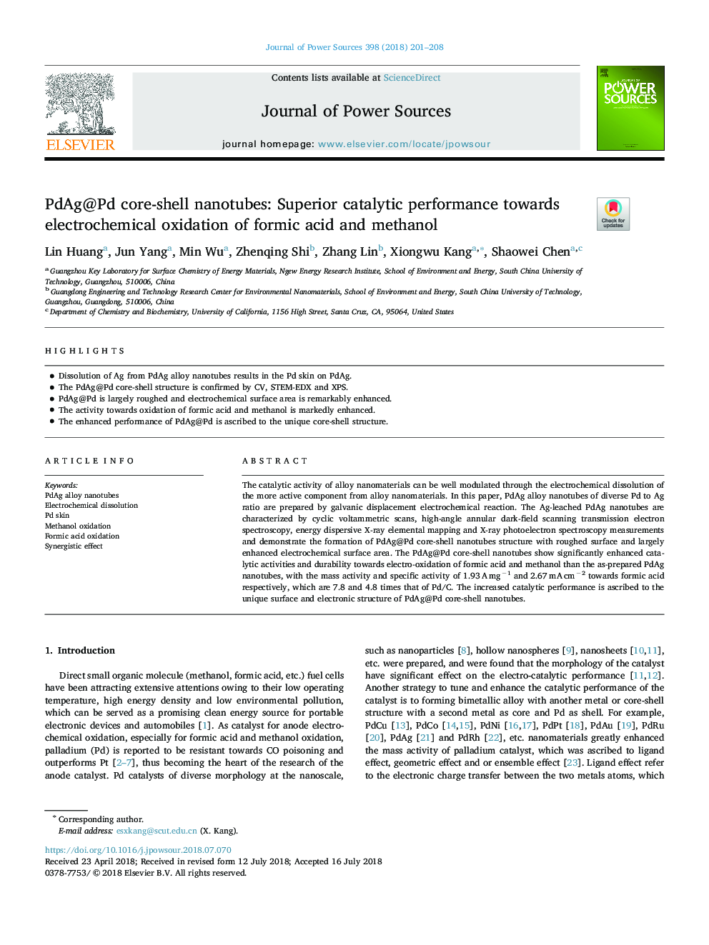 PdAg@Pd core-shell nanotubes: Superior catalytic performance towards electrochemical oxidation of formic acid and methanol