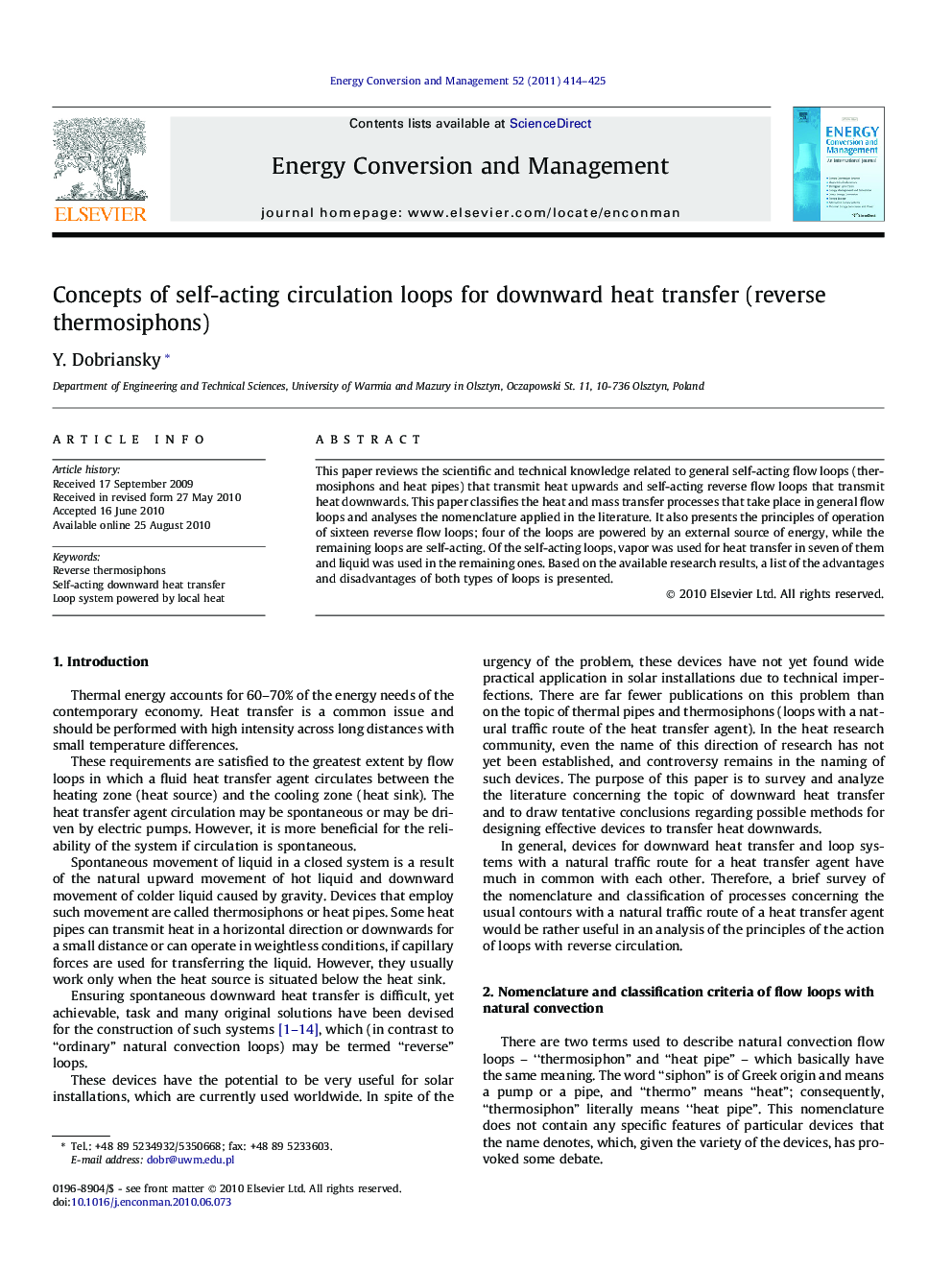 Concepts of self-acting circulation loops for downward heat transfer (reverse thermosiphons)