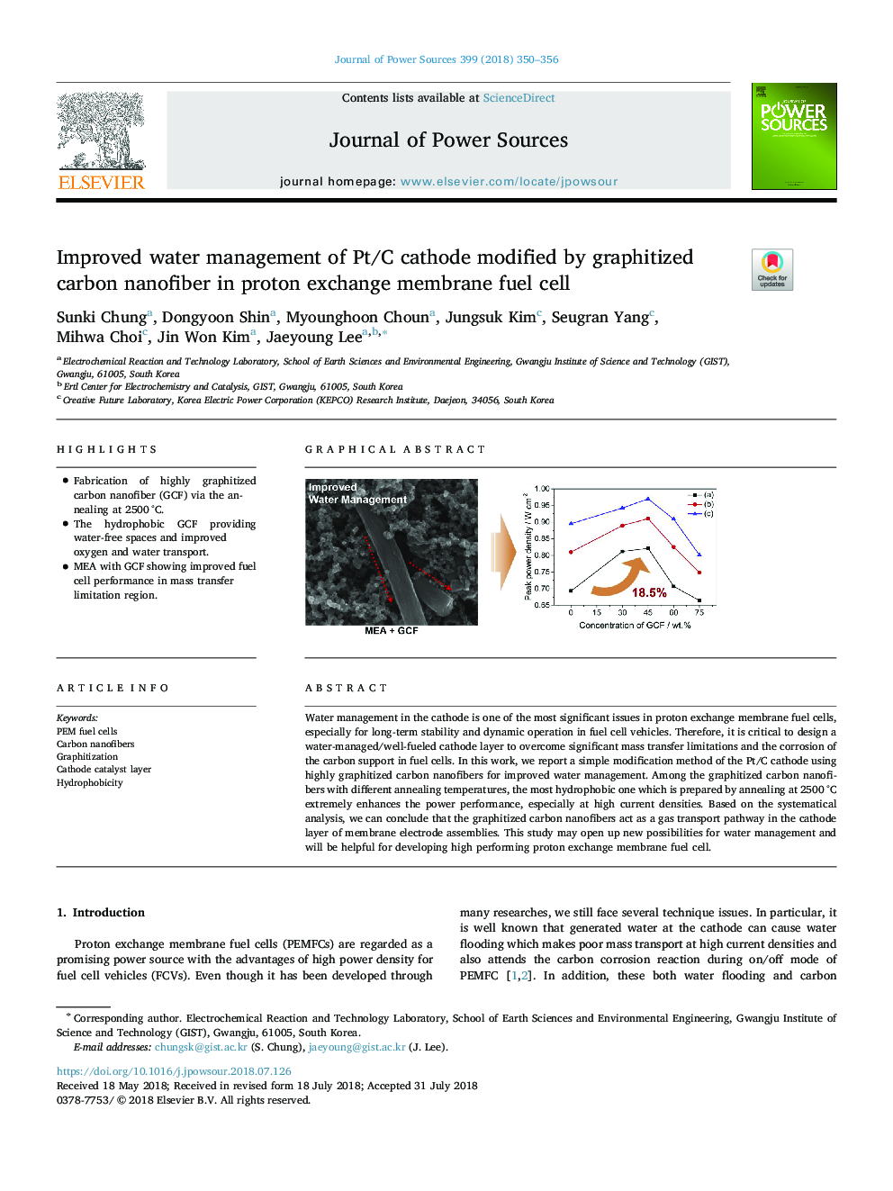 Improved water management of Pt/C cathode modified by graphitized carbon nanofiber in proton exchange membrane fuel cell