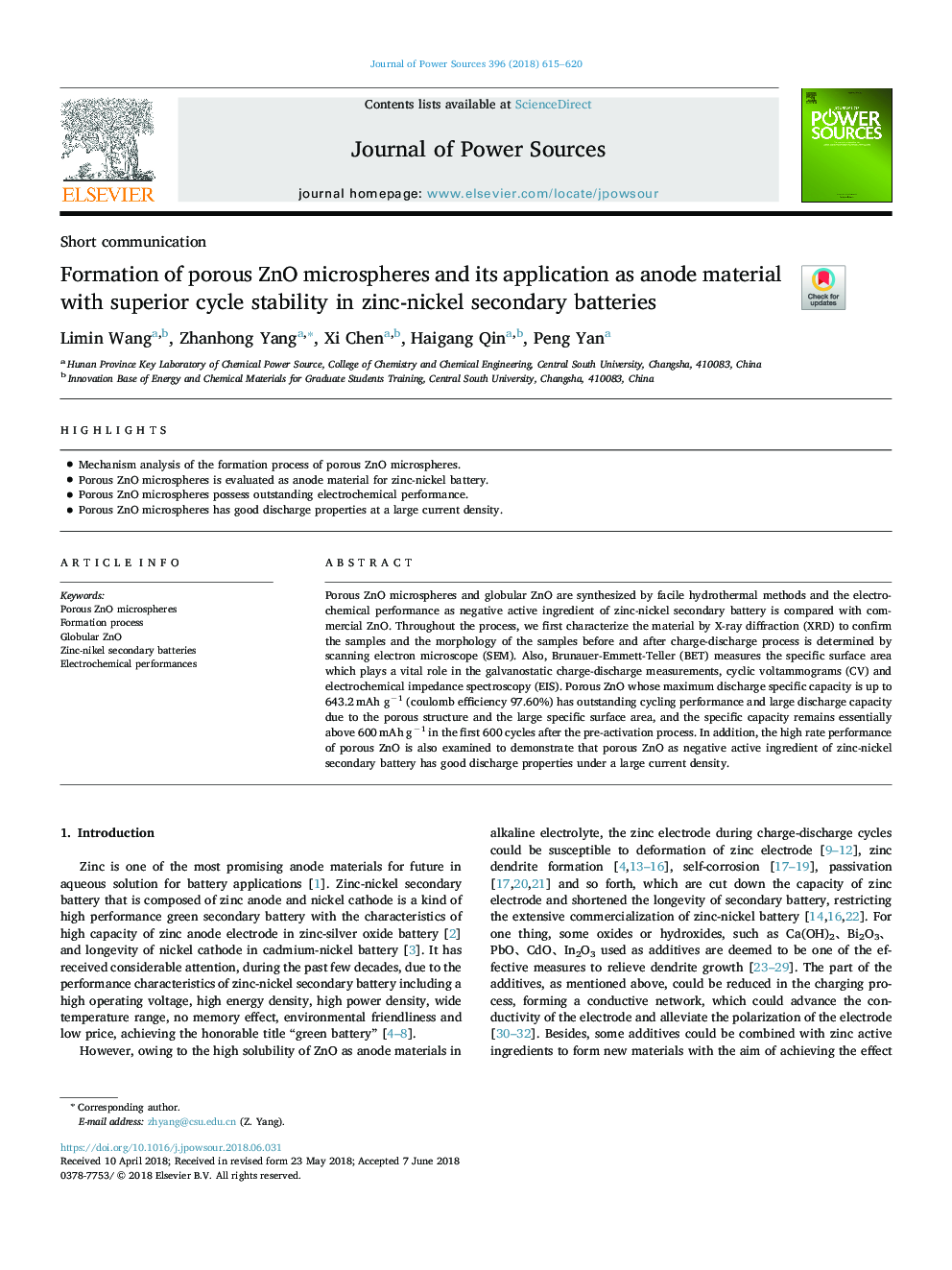 Formation of porous ZnO microspheres and its application as anode material with superior cycle stability in zinc-nickel secondary batteries