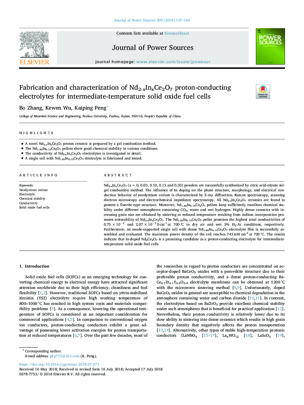 Fabrication and characterization of Nd2-xInxCe2O7 proton-conducting electrolytes for intermediate-temperature solid oxide fuel cells