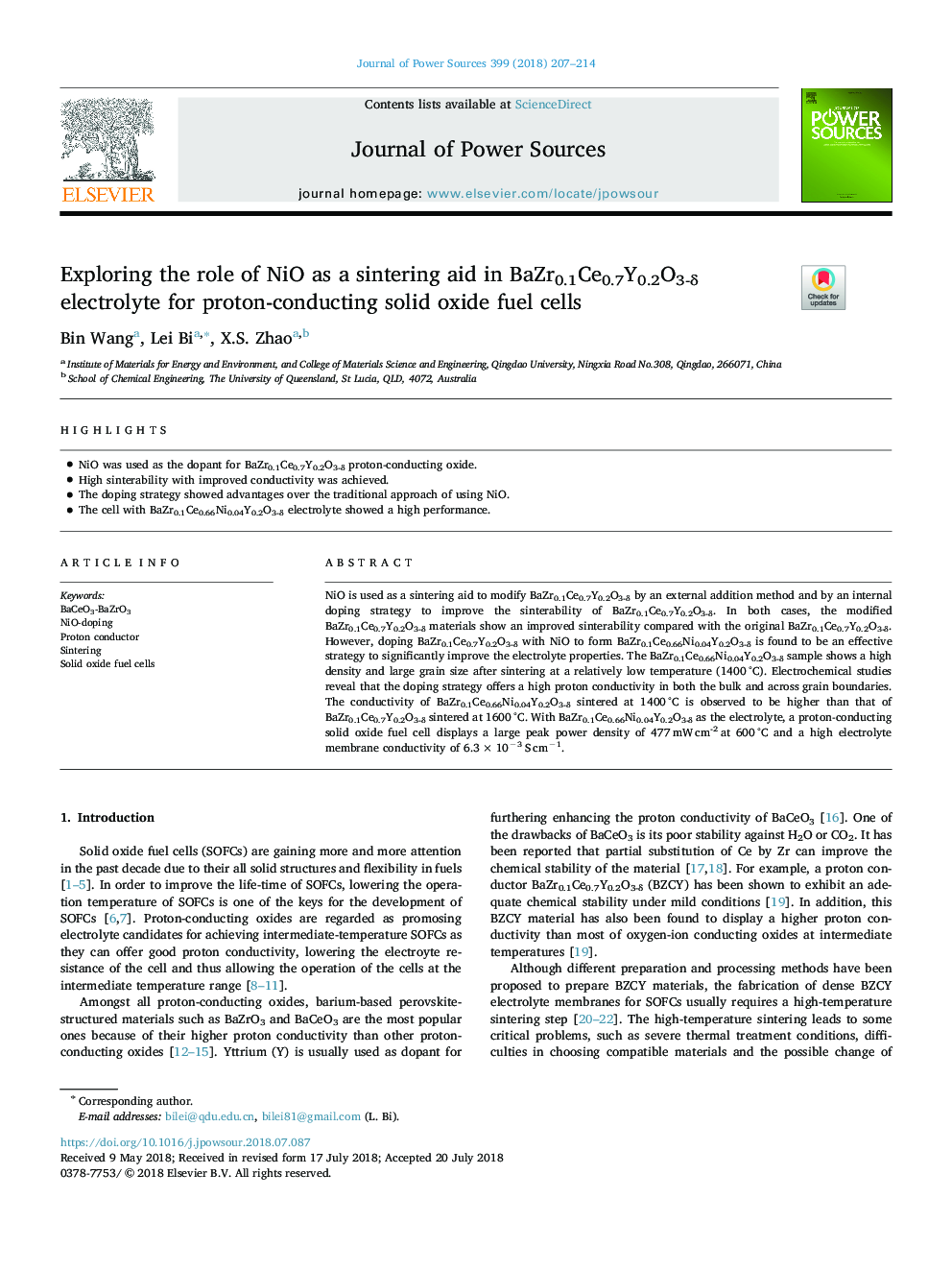 Exploring the role of NiO as a sintering aid in BaZr0.1Ce0.7Y0.2O3-Î´ electrolyte for proton-conducting solid oxide fuel cells