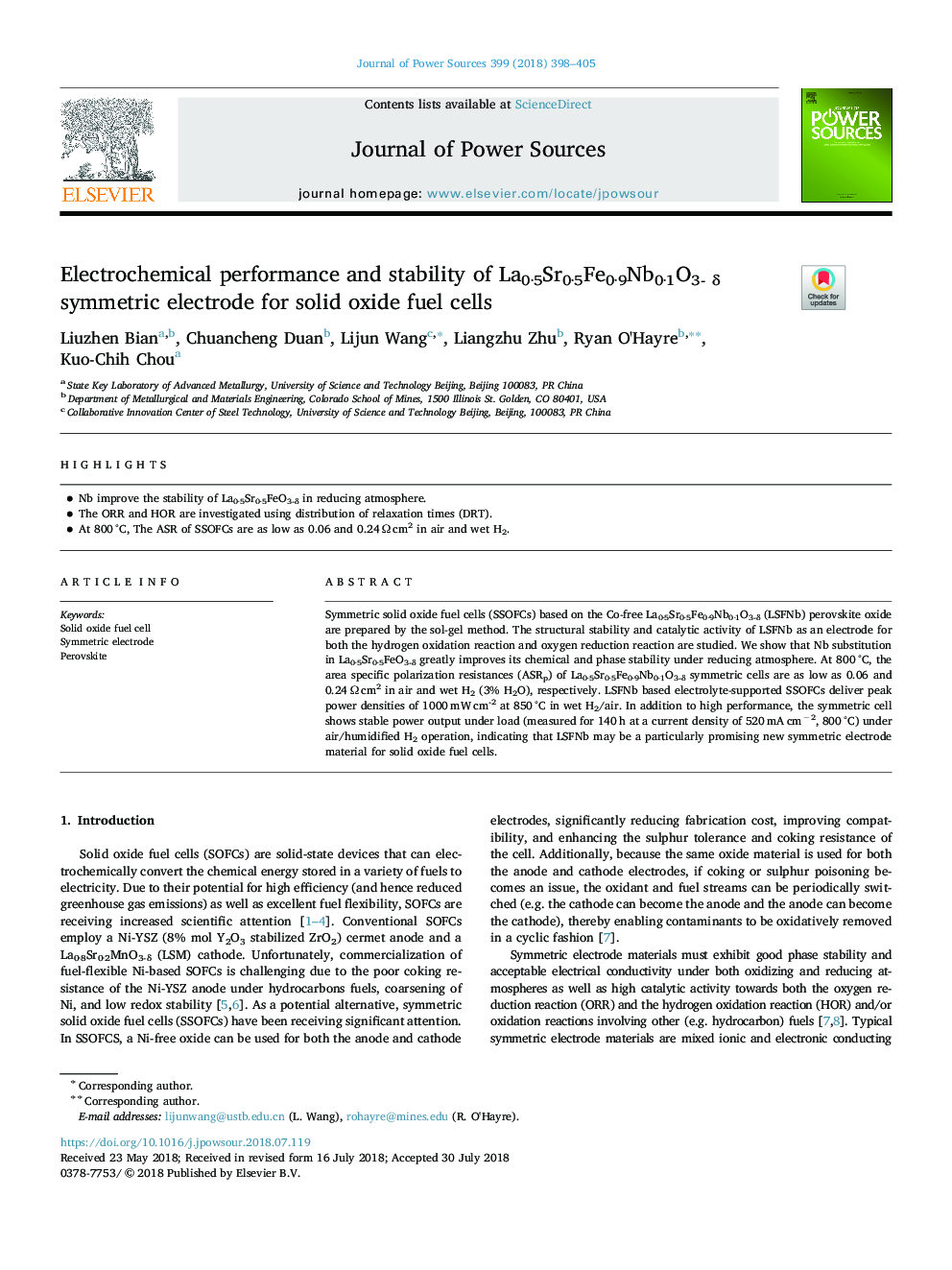 Electrochemical performance and stability of La0Â·5Sr0Â·5Fe0Â·9Nb0Â·1O3-Î´ symmetric electrode for solid oxide fuel cells