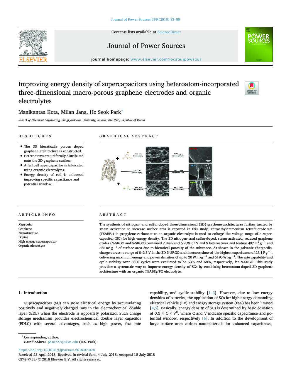 Improving energy density of supercapacitors using heteroatom-incorporated three-dimensional macro-porous graphene electrodes and organic electrolytes