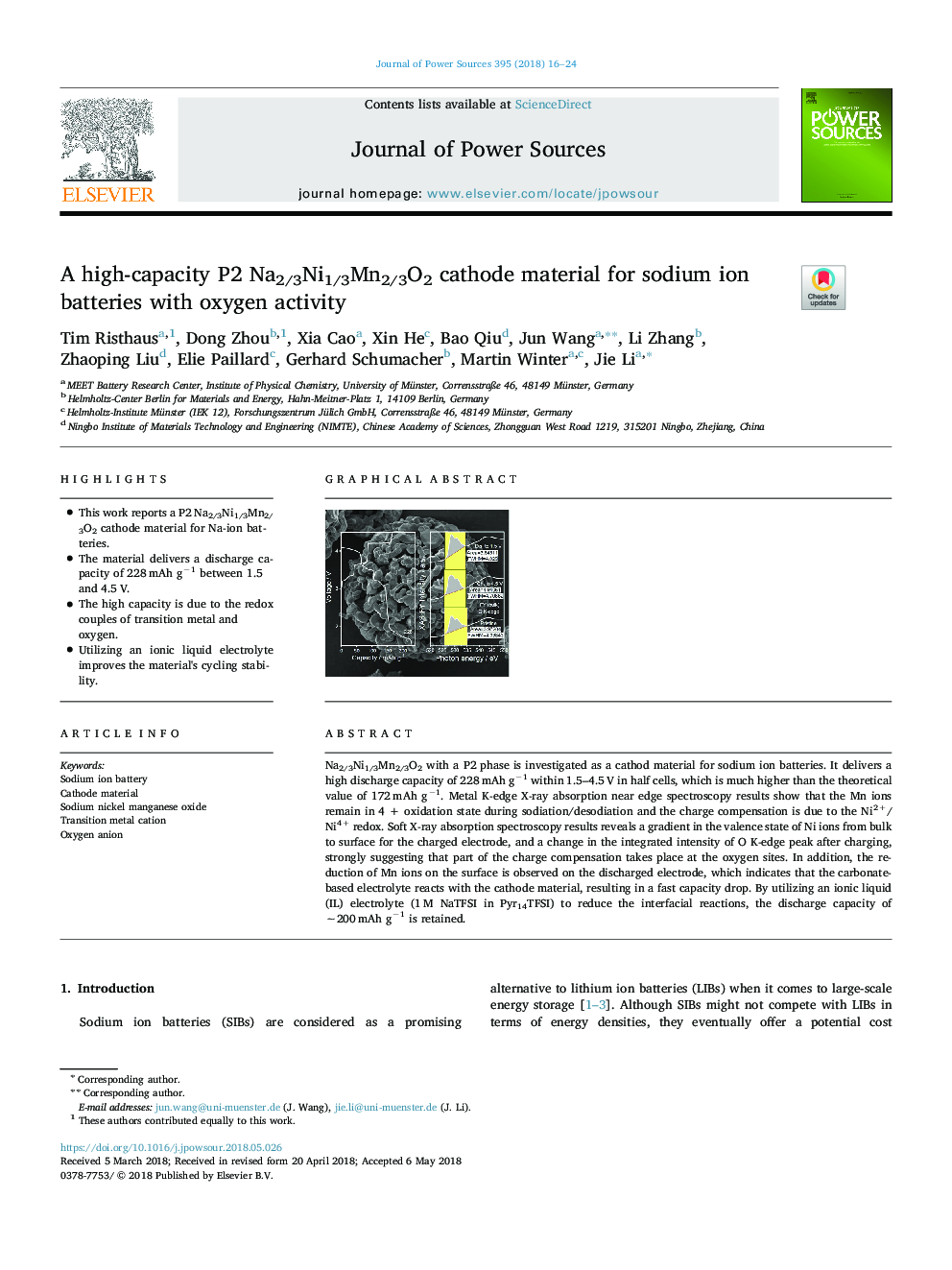 A high-capacity P2 Na2/3Ni1/3Mn2/3O2 cathode material for sodium ion batteries with oxygen activity