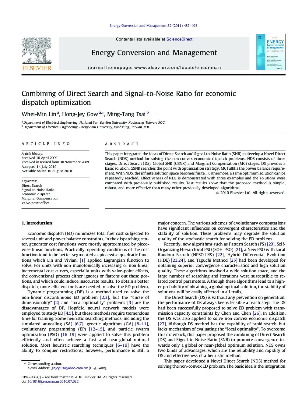 Combining of Direct Search and Signal-to-Noise Ratio for economic dispatch optimization