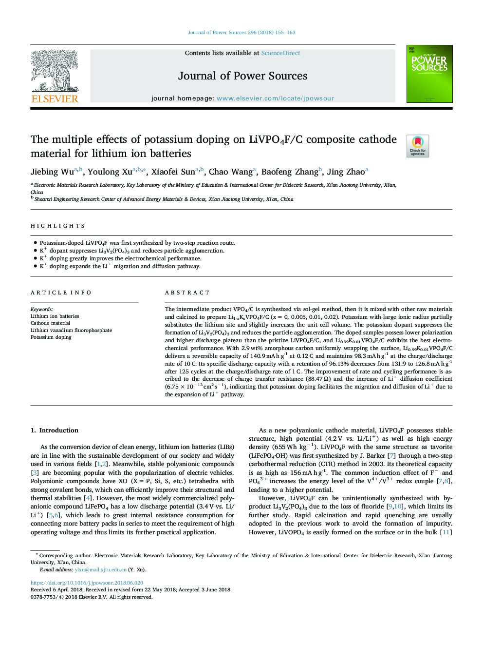 The multiple effects of potassium doping on LiVPO4F/C composite cathode material for lithium ion batteries