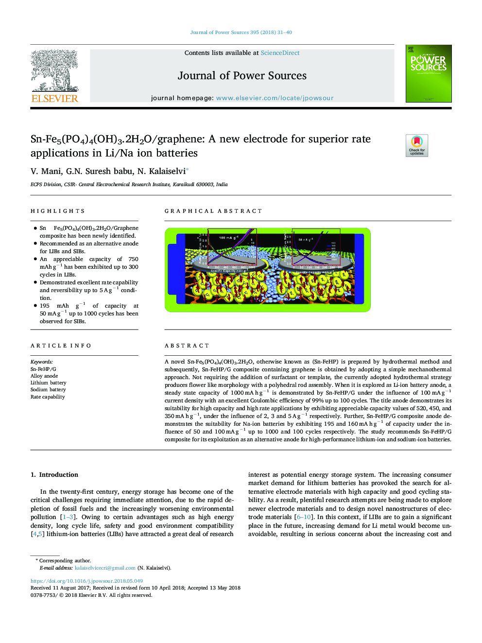 Sn-Fe5(PO4)4(OH)3.2H2O/graphene: A new electrode for superior rate applications in Li/Na ion batteries