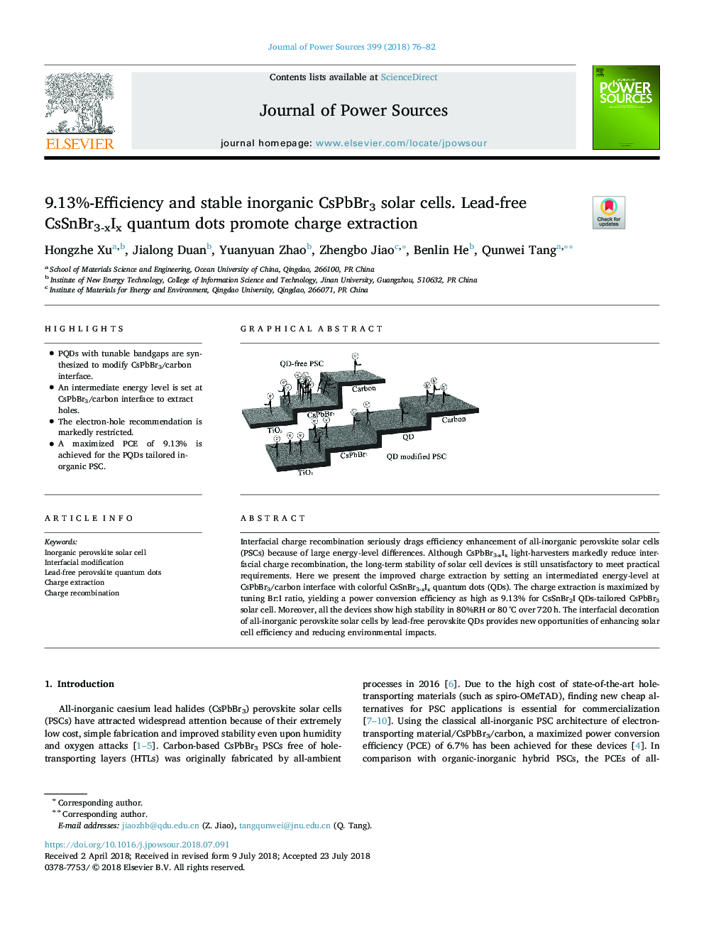 9.13%-Efficiency and stable inorganic CsPbBr3 solar cells. Lead-free CsSnBr3-xIx quantum dots promote charge extraction