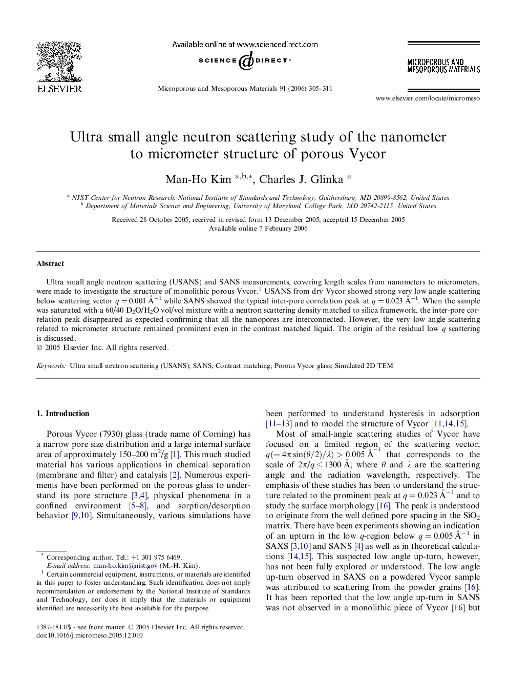 Ultra small angle neutron scattering study of the nanometer to micrometer structure of porous Vycor