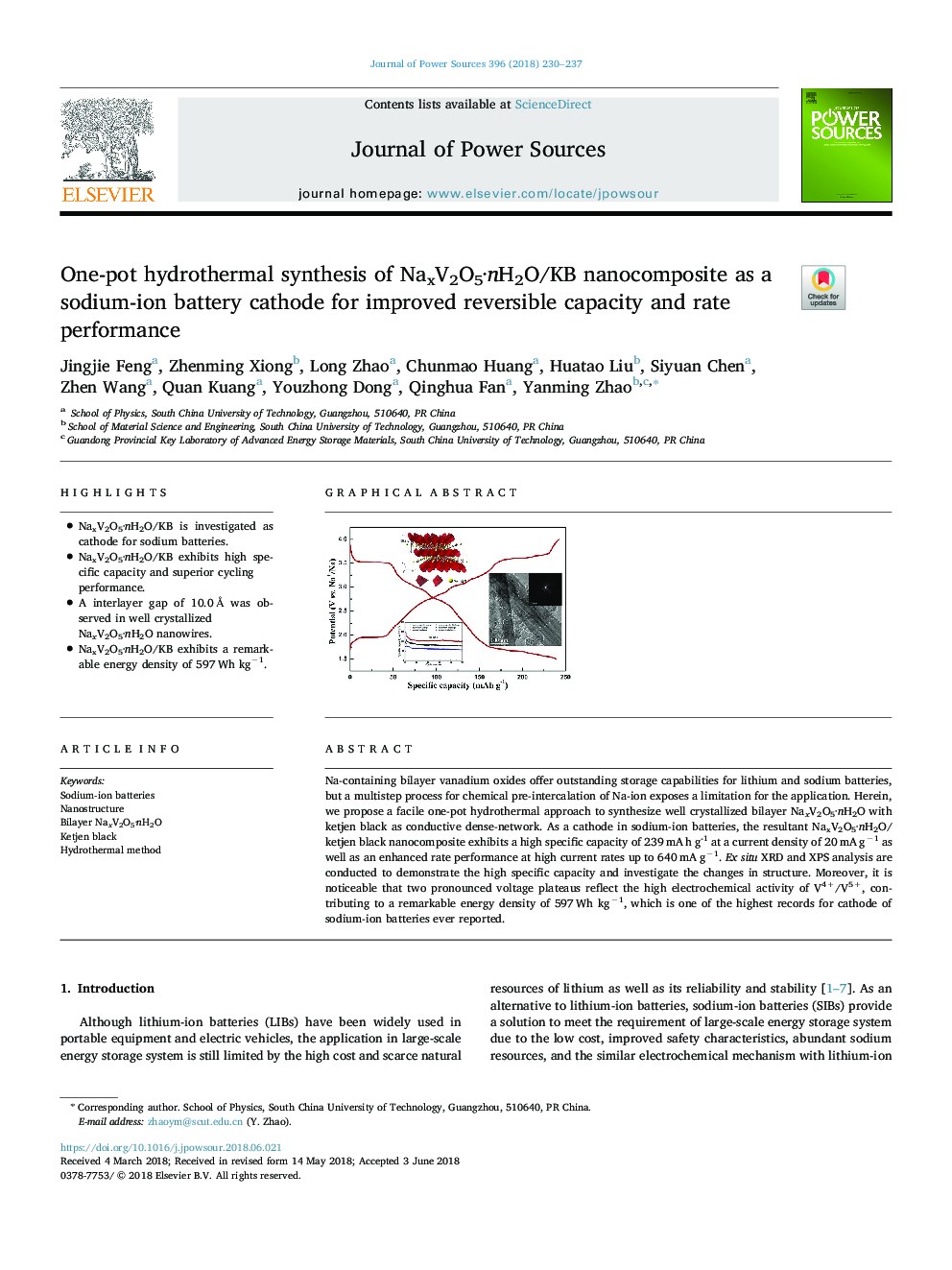 One-pot hydrothermal synthesis of NaxV2O5Â·nH2O/KB nanocomposite as a sodium-ion battery cathode for improved reversible capacity and rate performance