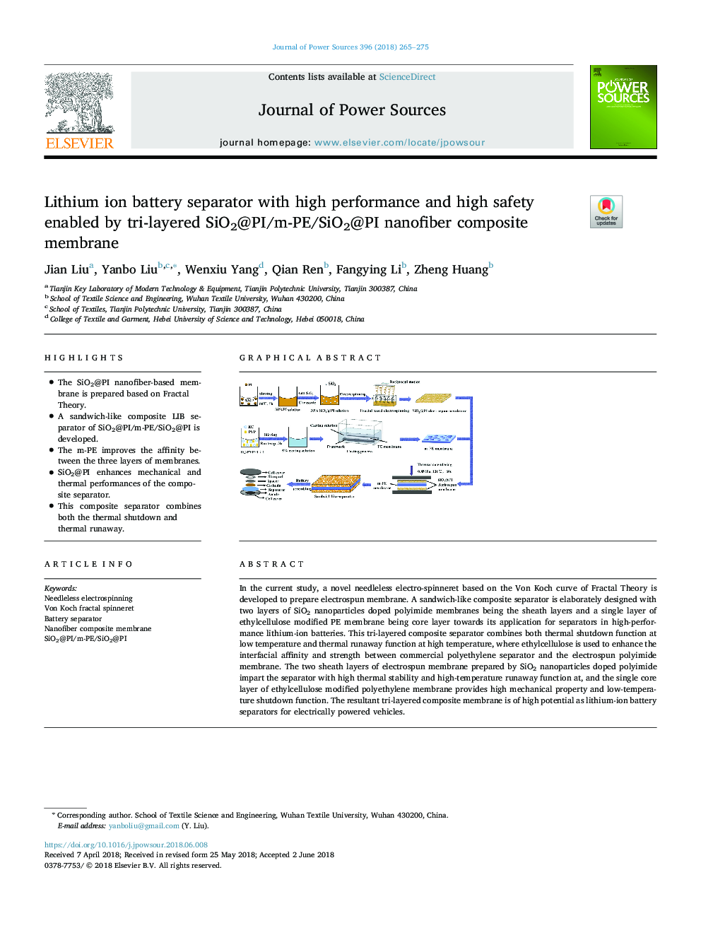 Lithium ion battery separator with high performance and high safety enabled by tri-layered SiO2@PI/m-PE/SiO2@PI nanofiber composite membrane