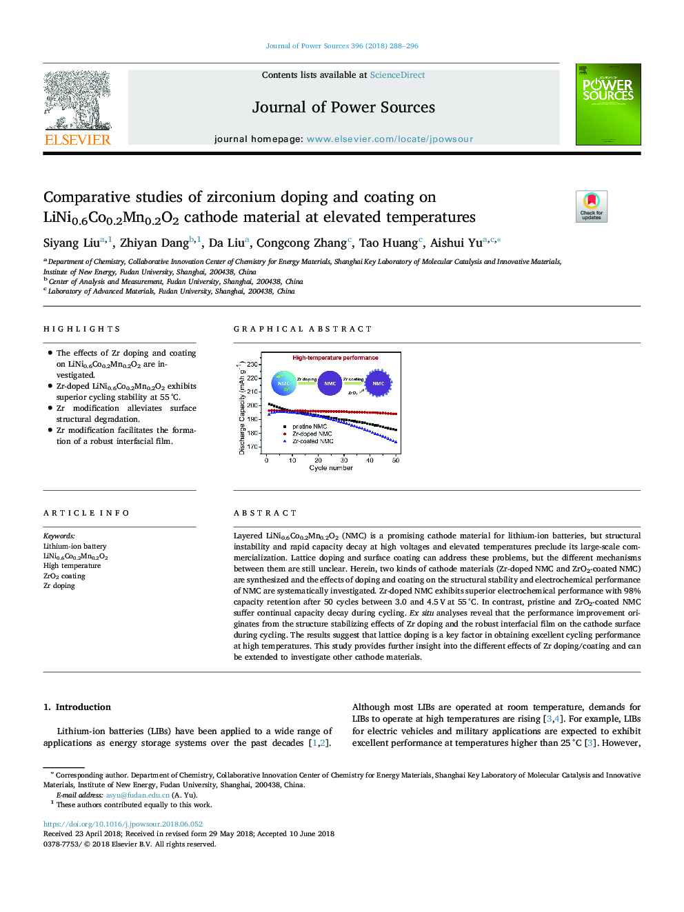 Comparative studies of zirconium doping and coating on LiNi0.6Co0.2Mn0.2O2 cathode material at elevated temperatures