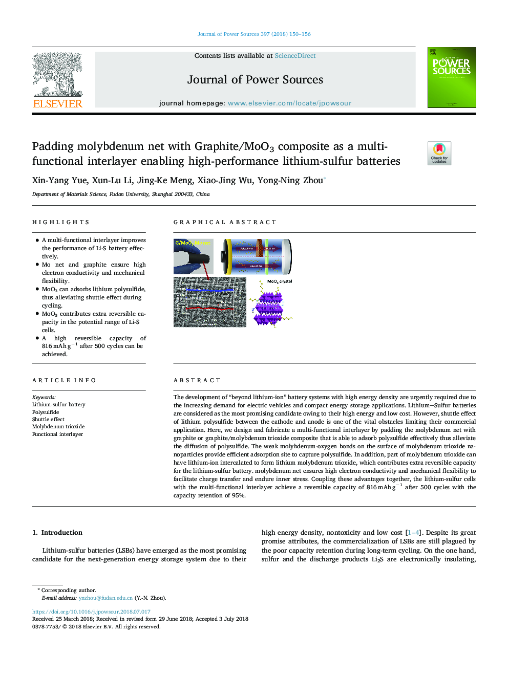 Padding molybdenum net with Graphite/MoO3 composite as a multi-functional interlayer enabling high-performance lithium-sulfur batteries