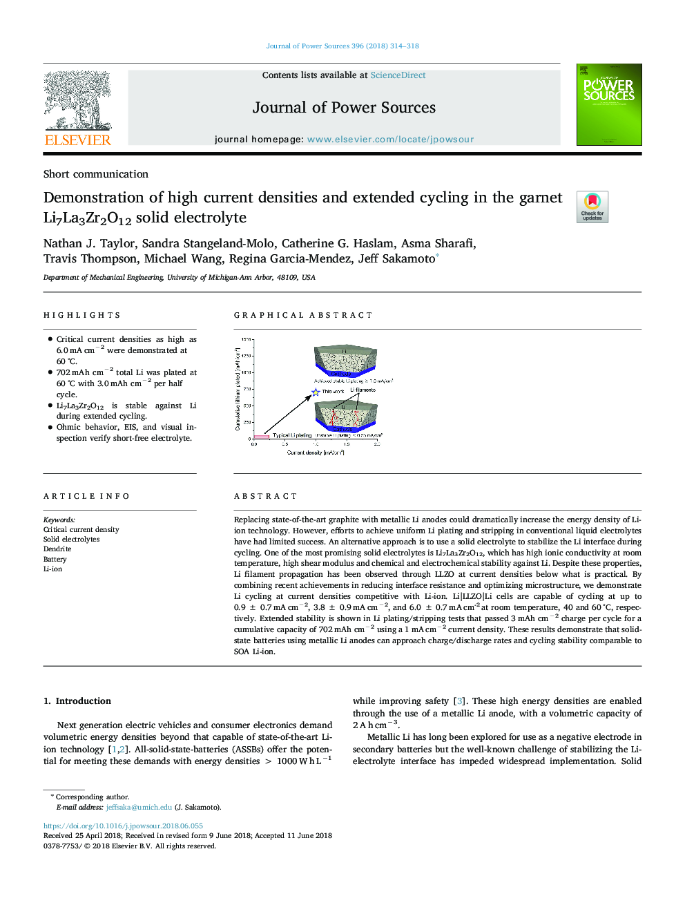 Demonstration of high current densities and extended cycling in the garnet Li7La3Zr2O12 solid electrolyte