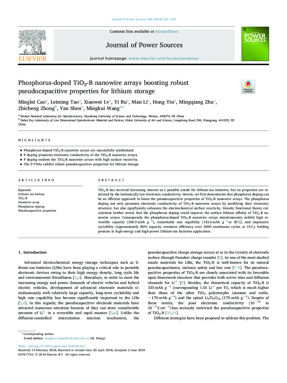 Phosphorus-doped TiO2-B nanowire arrays boosting robust pseudocapacitive properties for lithium storage