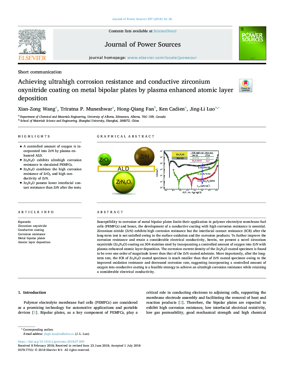 Achieving ultrahigh corrosion resistance and conductive zirconium oxynitride coating on metal bipolar plates by plasma enhanced atomic layer deposition