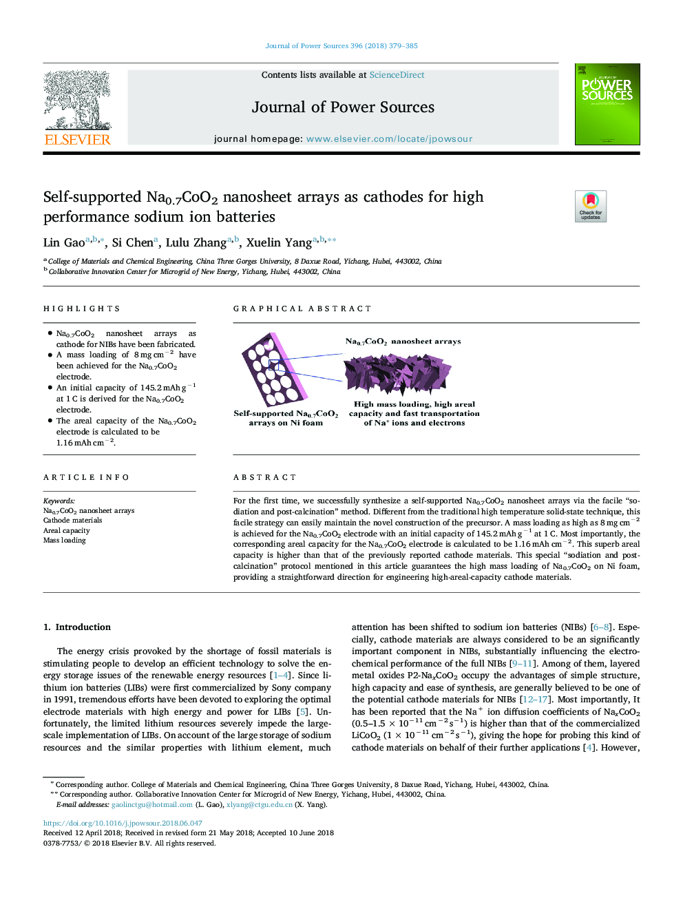 Self-supported Na0.7CoO2 nanosheet arrays as cathodes for high performance sodium ion batteries