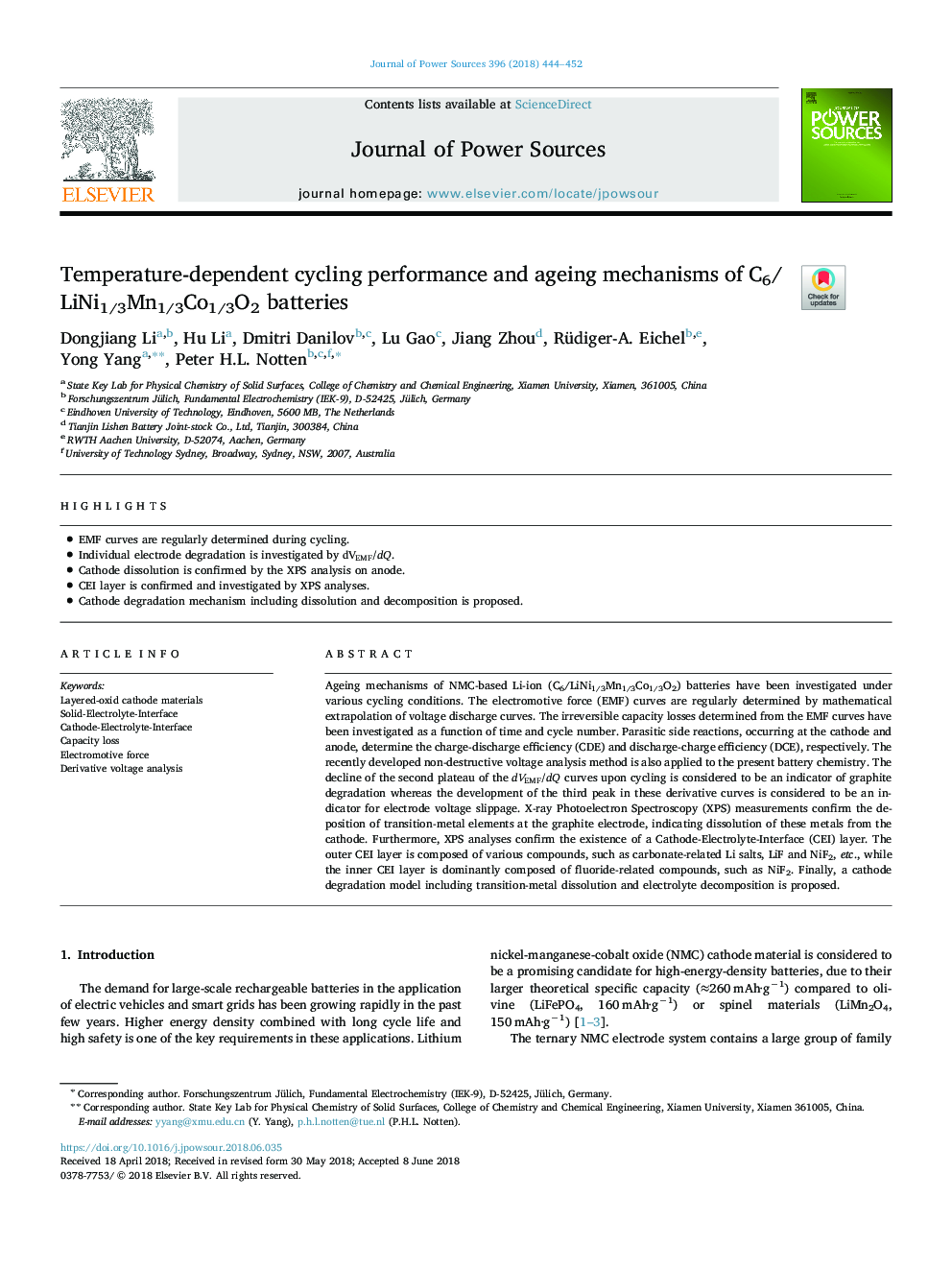 Temperature-dependent cycling performance and ageing mechanisms of C6/LiNi1/3Mn1/3Co1/3O2 batteries