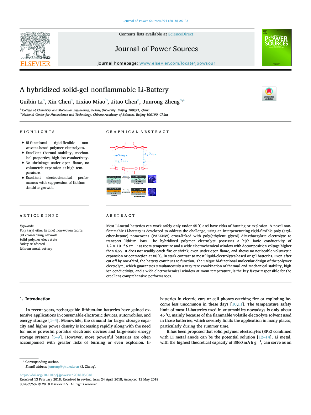 A hybridized solid-gel nonflammable Li-Battery