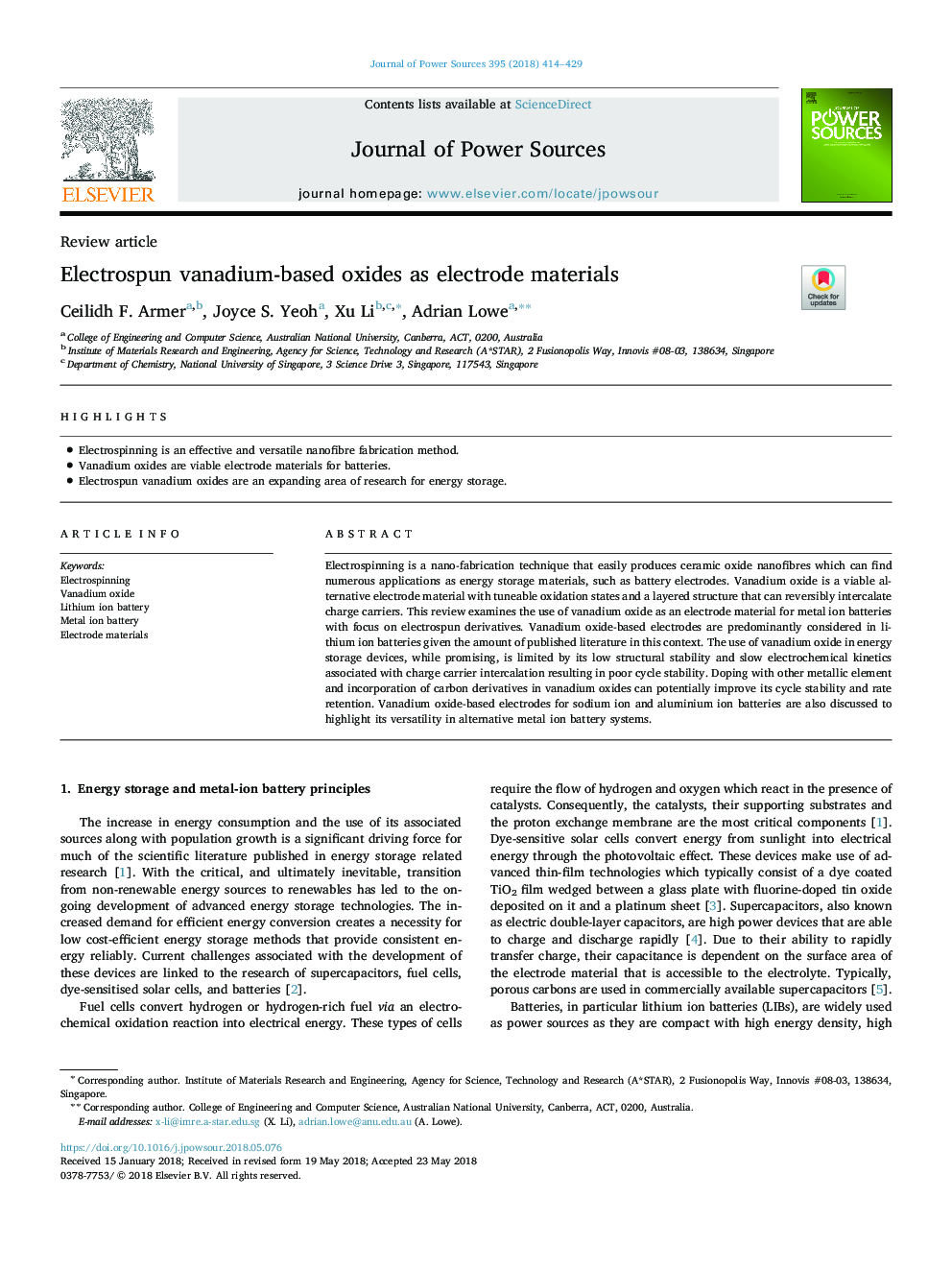 Electrospun vanadium-based oxides as electrode materials