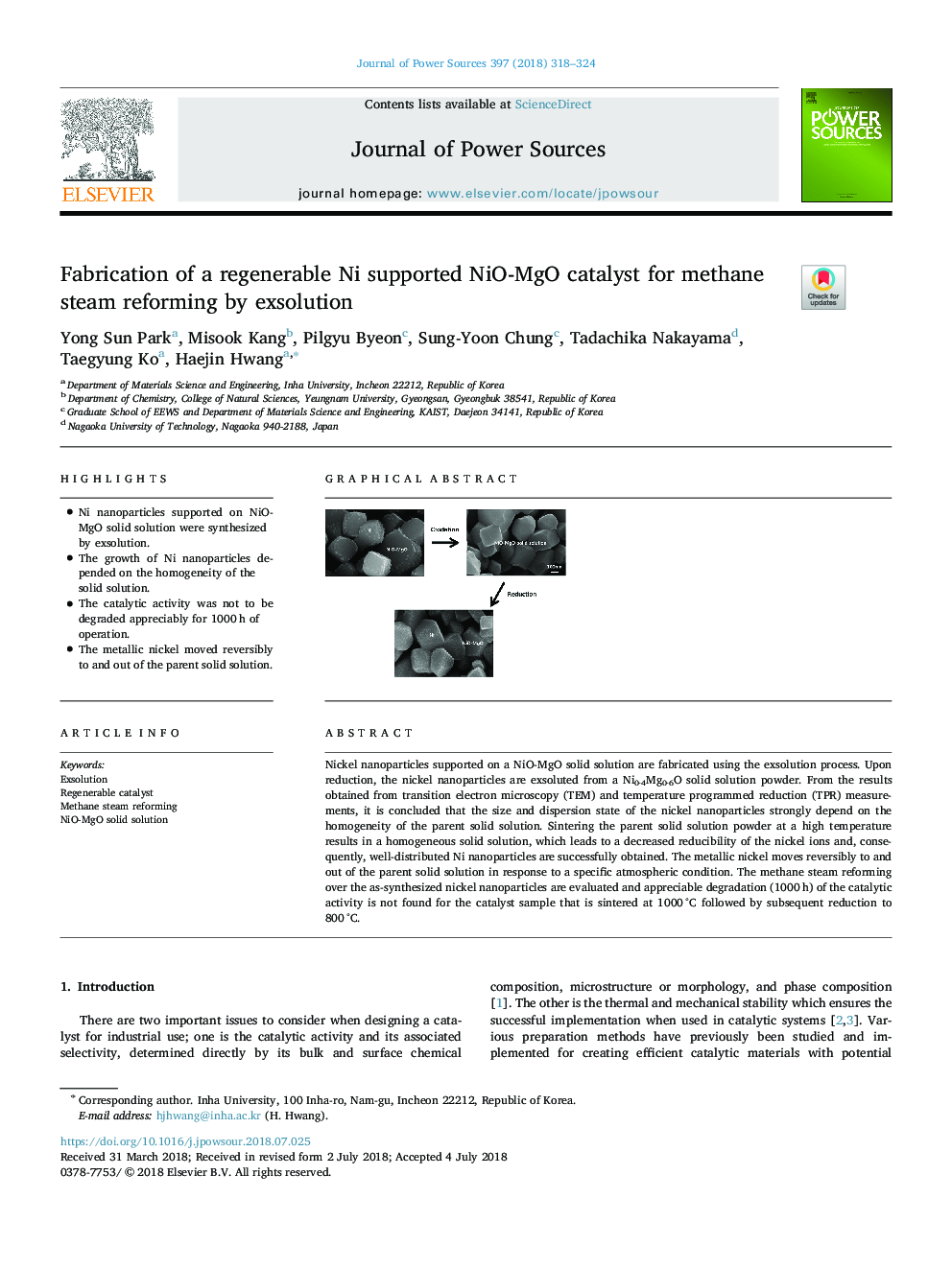 Fabrication of a regenerable Ni supported NiO-MgO catalyst for methane steam reforming by exsolution