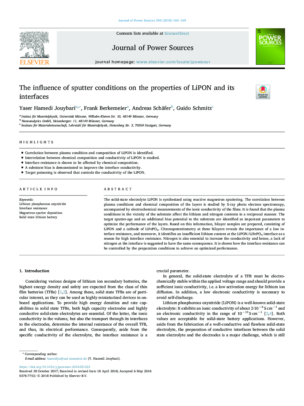 The influence of sputter conditions on the properties of LiPON and its interfaces