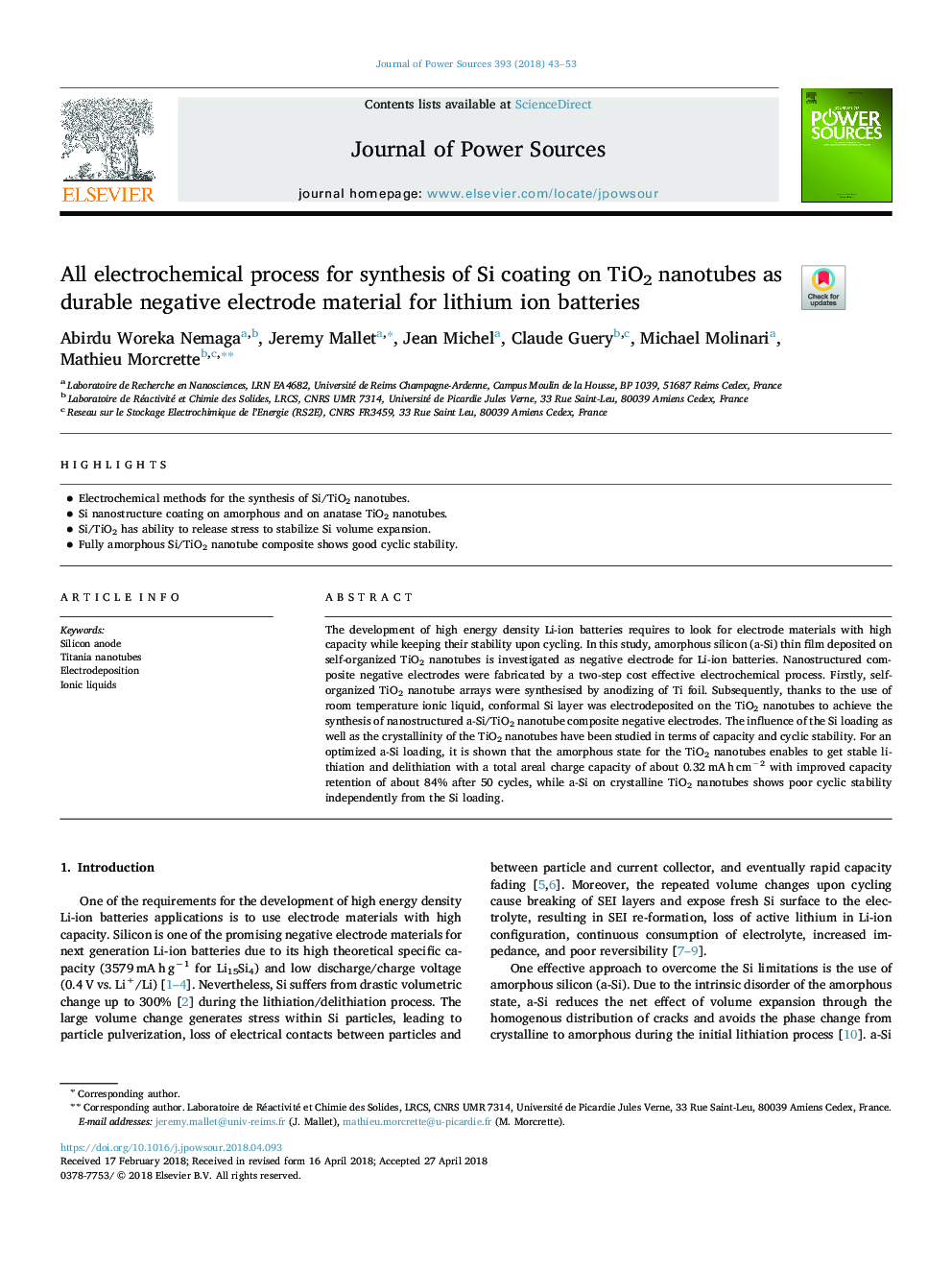 All electrochemical process for synthesis of Si coating on TiO2 nanotubes as durable negative electrode material for lithium ion batteries