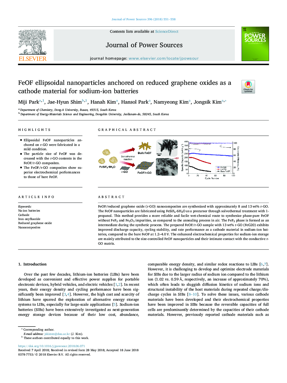 FeOF ellipsoidal nanoparticles anchored on reduced graphene oxides as a cathode material for sodium-ion batteries