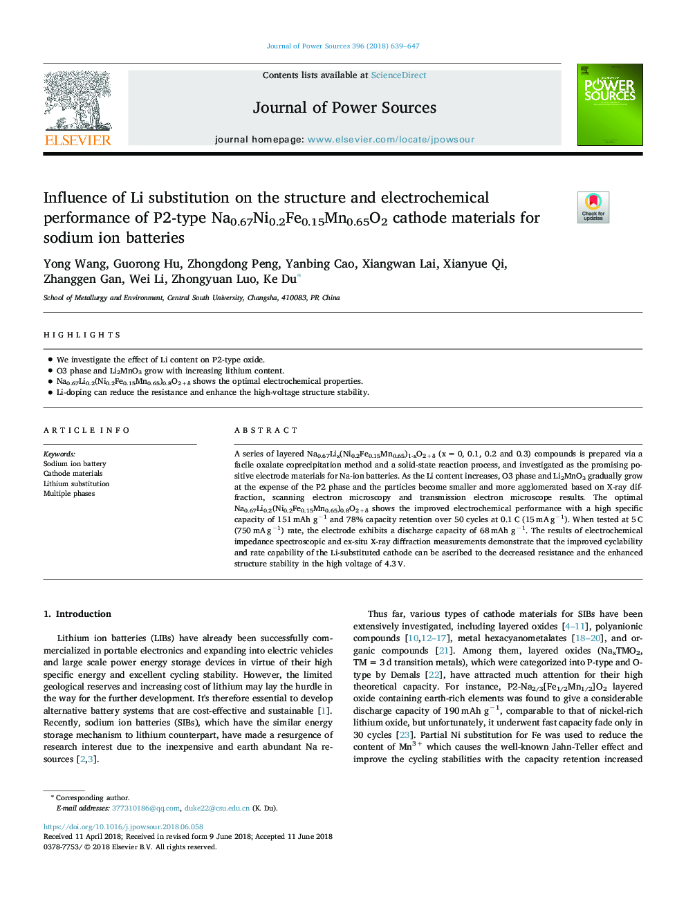 Influence of Li substitution on the structure and electrochemical performance of P2-type Na0.67Ni0.2Fe0.15Mn0.65O2 cathode materials for sodium ion batteries