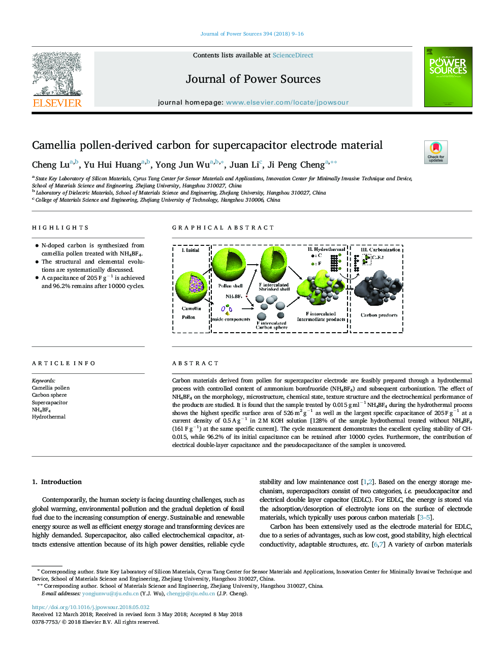 Camellia pollen-derived carbon for supercapacitor electrode material