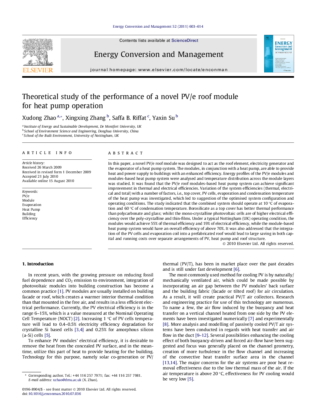 Theoretical study of the performance of a novel PV/e roof module for heat pump operation