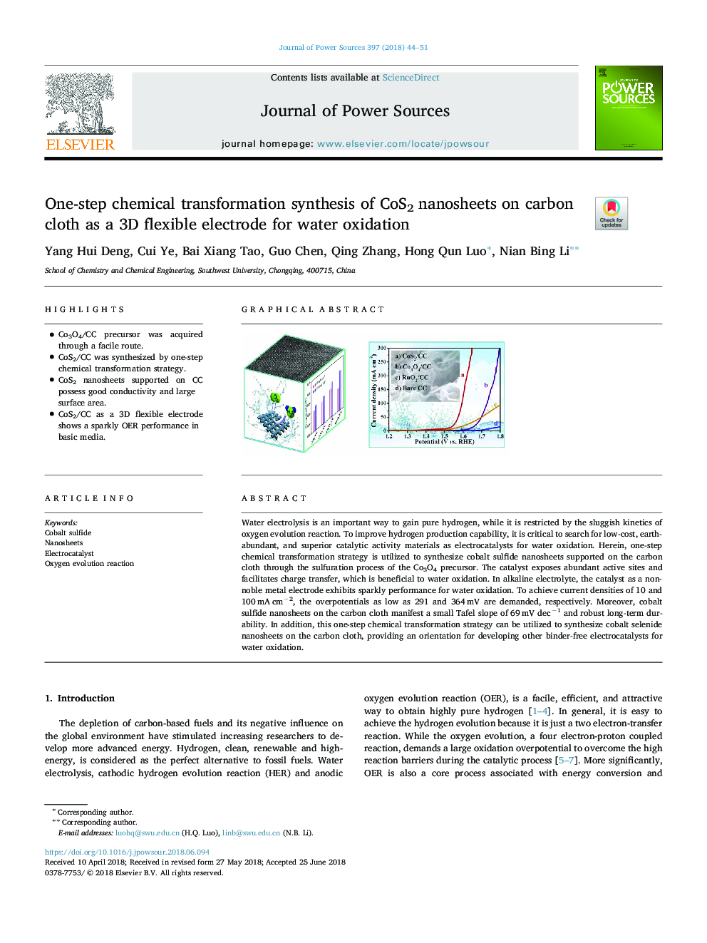 One-step chemical transformation synthesis of CoS2 nanosheets on carbon cloth as a 3D flexible electrode for water oxidation