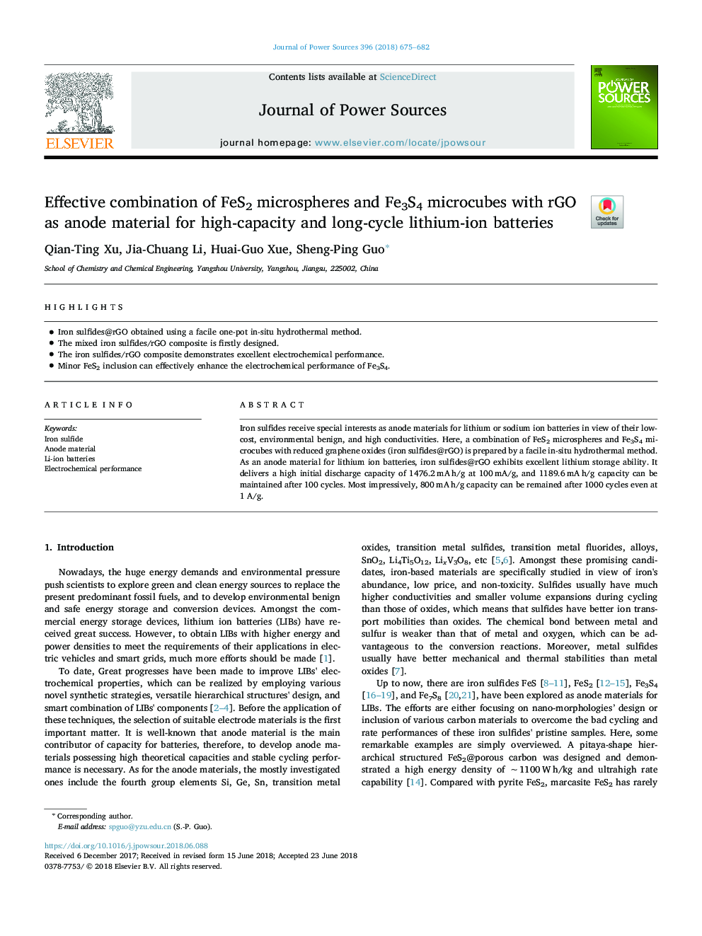 Effective combination of FeS2 microspheres and Fe3S4 microcubes with rGO as anode material for high-capacity and long-cycle lithium-ion batteries