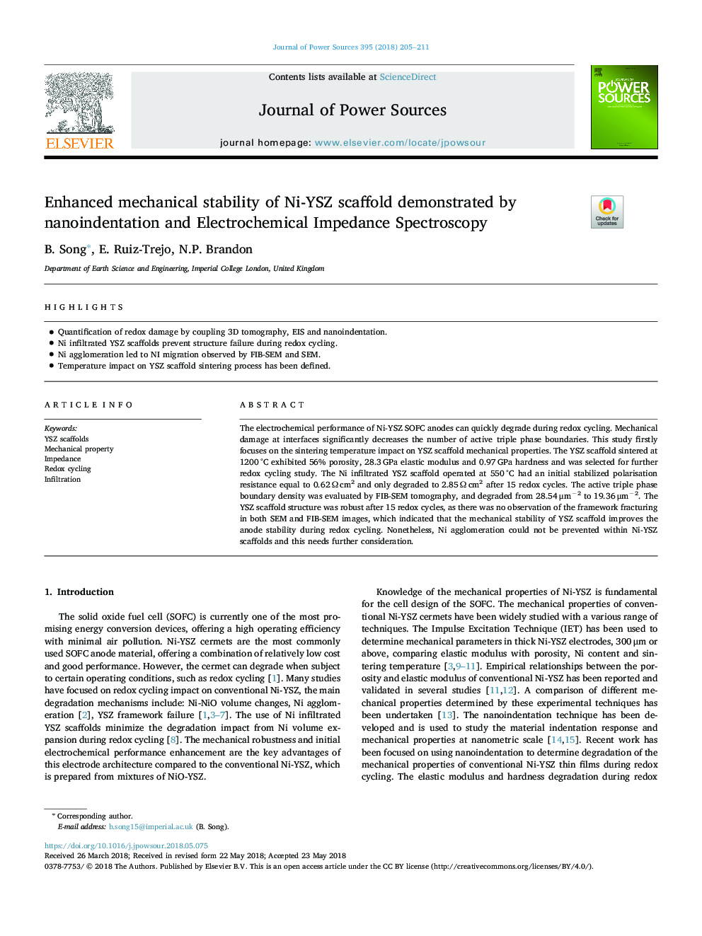 Enhanced mechanical stability of Ni-YSZ scaffold demonstrated by nanoindentation and Electrochemical Impedance Spectroscopy