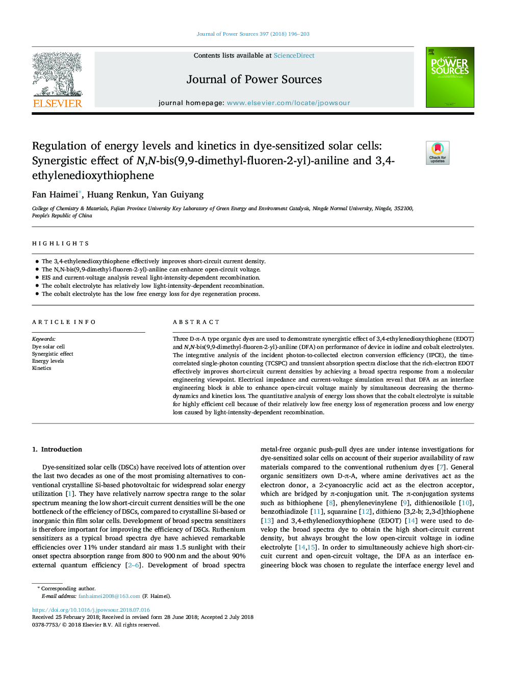 عکس صفحه اول مقاله: Regulation of energy levels and kinetics in dye-sensitized solar cells: Synergistic effect of N,N-bis(9,9-dimethyl-fluoren-2-yl)-aniline and 3,4-ethylenedioxythiophene Regulation of energy levels and kinetics in dye-sensitized solar cells: Synergistic effect of N,N-bis(9,9-dimethyl-fluoren-2-yl)-aniline and 3,4-ethylenedioxythiophene