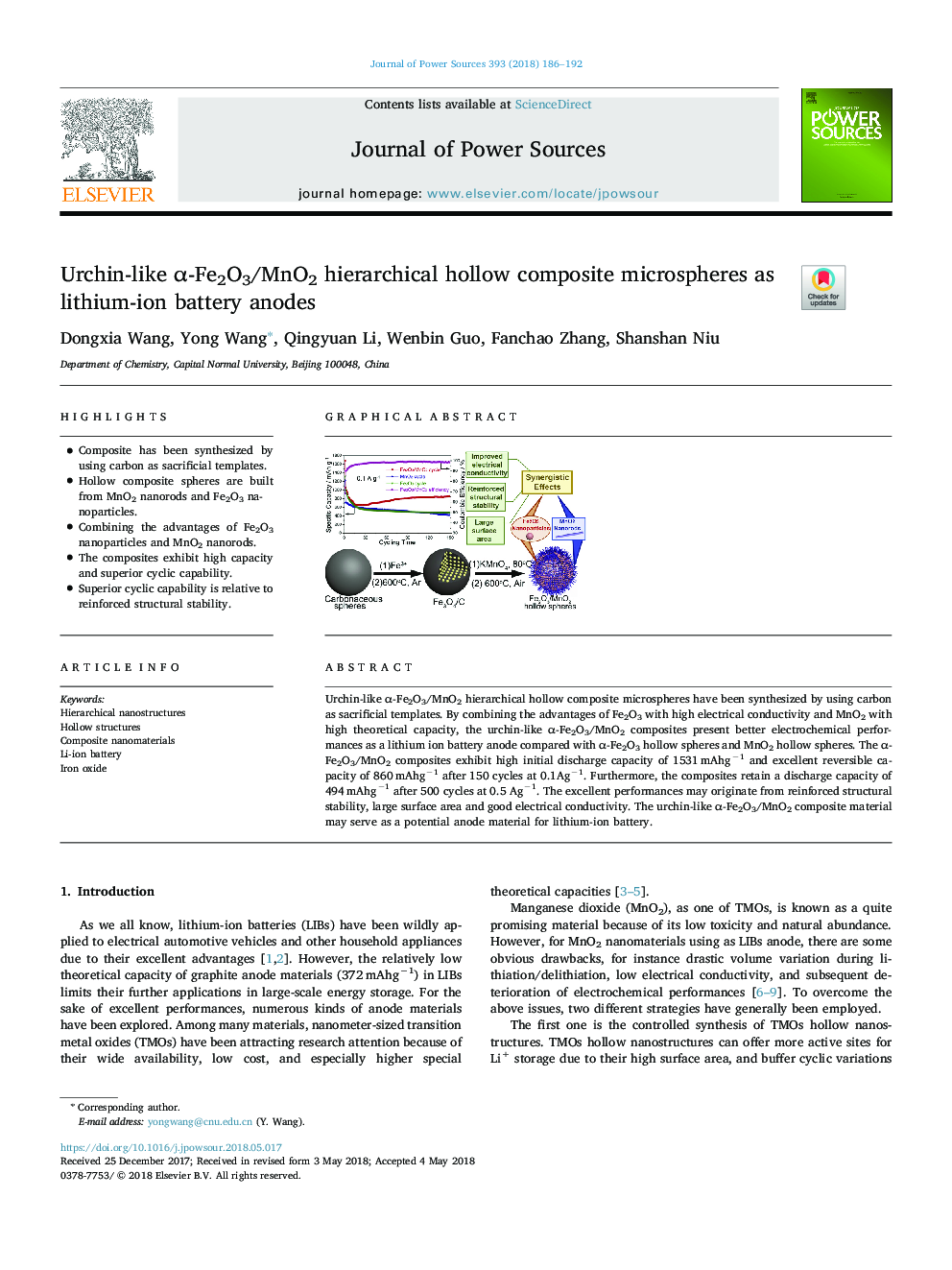 Urchin-like Î±-Fe2O3/MnO2 hierarchical hollow composite microspheres as lithium-ion battery anodes