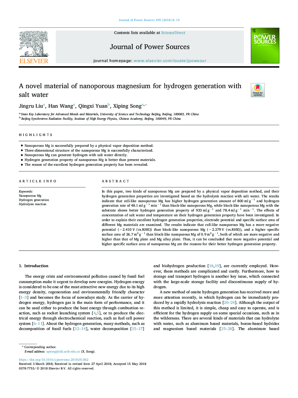 A novel material of nanoporous magnesium for hydrogen generation with salt water